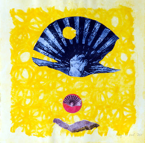 Amy Ernst - Birdinflight - 2011 unique color lithograph with collage